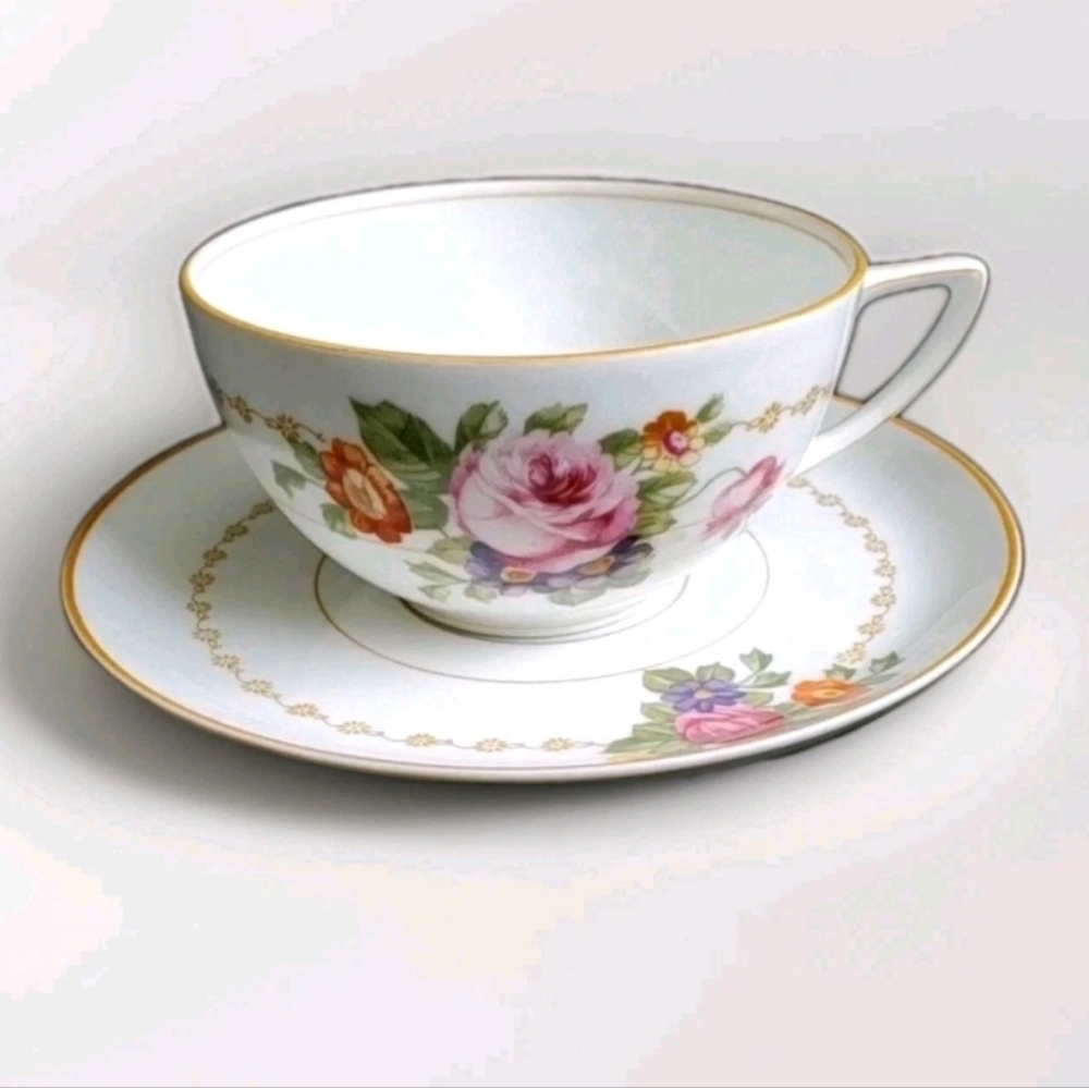 Antique Tea Cup & Saucer Set Early 1900s Floral Gold Trim Rosenthal Selb Bavaria